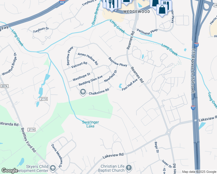map of restaurants, bars, coffee shops, grocery stores, and more near 8947 Chalkstone Road in Charlotte