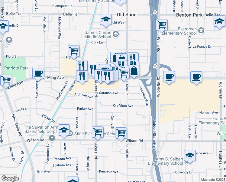 map of restaurants, bars, coffee shops, grocery stores, and more near 3836 Soranno Avenue in Bakersfield