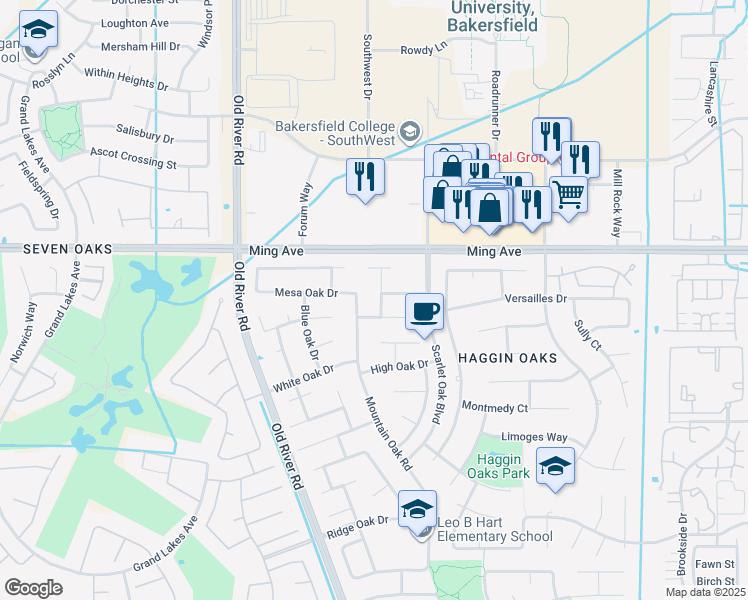 map of restaurants, bars, coffee shops, grocery stores, and more near 9600 Mesa Oak Drive in Bakersfield