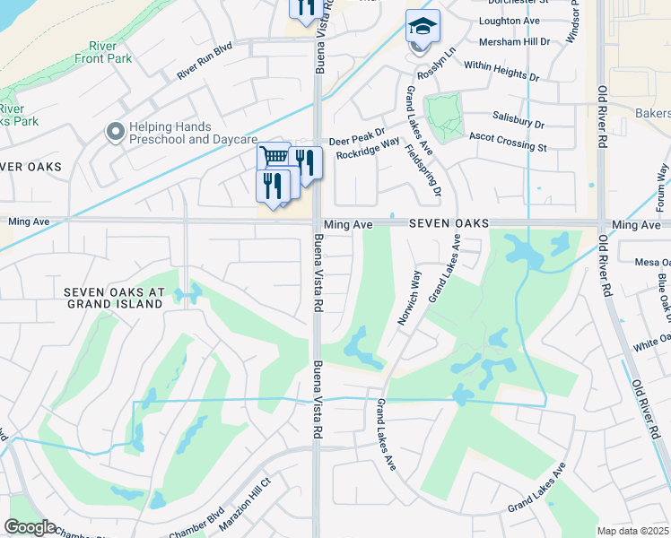 map of restaurants, bars, coffee shops, grocery stores, and more near 11208 Chiswick Court in Bakersfield