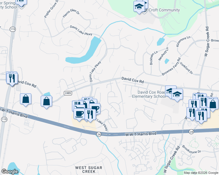 map of restaurants, bars, coffee shops, grocery stores, and more near 4715 Steepleglen Court in Charlotte