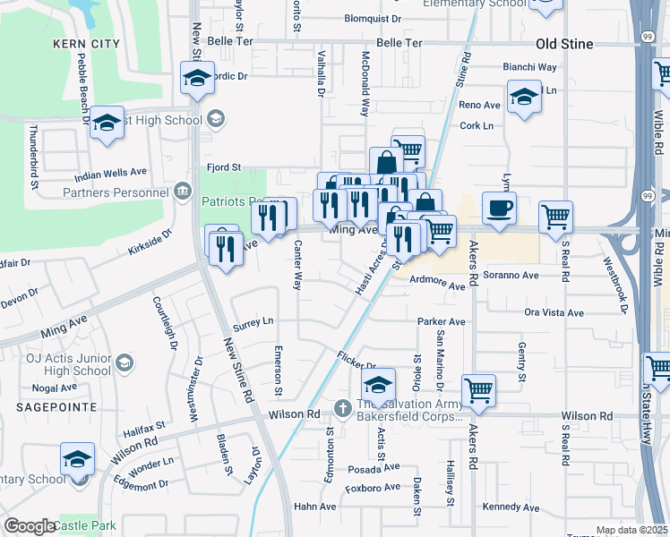 map of restaurants, bars, coffee shops, grocery stores, and more near 4949 Buckley Way in Bakersfield