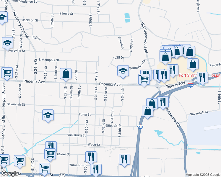 map of restaurants, bars, coffee shops, grocery stores, and more near 3210A Phoenix Avenue in Fort Smith