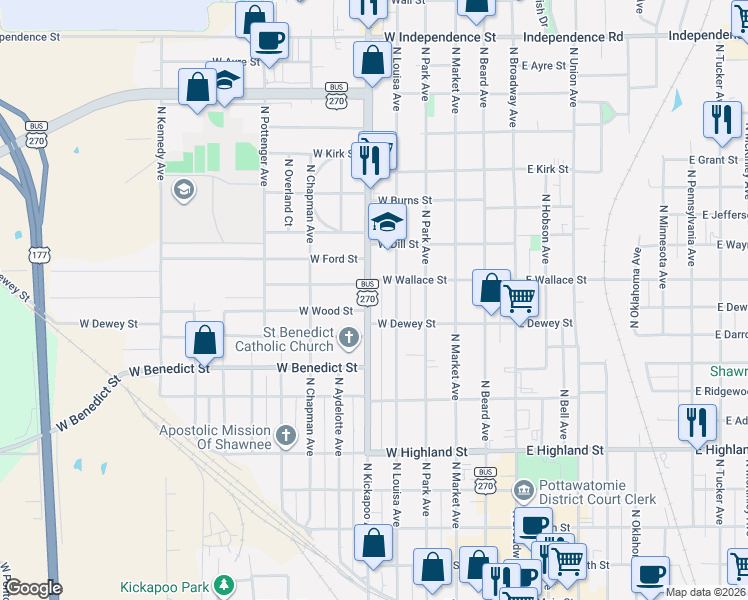 map of restaurants, bars, coffee shops, grocery stores, and more near 838 North Kickapoo Avenue in Shawnee