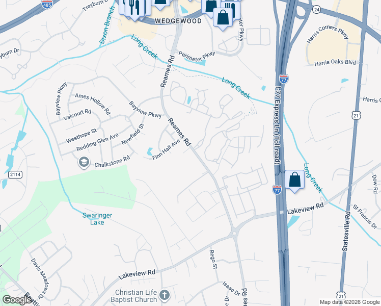 map of restaurants, bars, coffee shops, grocery stores, and more near 9009 Reames Road in Charlotte