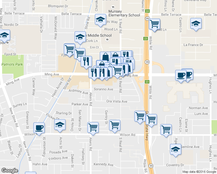 map of restaurants, bars, coffee shops, grocery stores, and more near 3757 Ming Avenue in Bakersfield