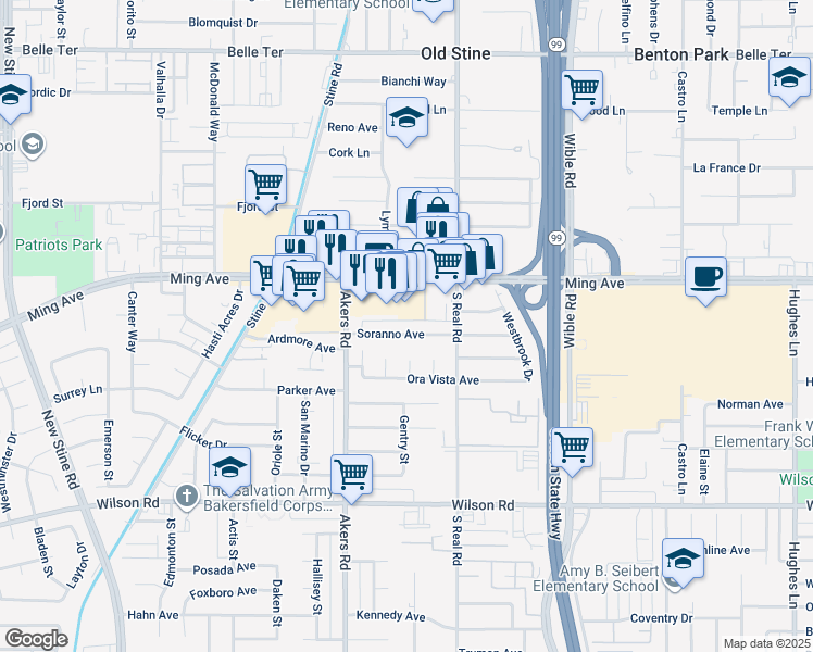map of restaurants, bars, coffee shops, grocery stores, and more near 3809 Ming Avenue in Bakersfield