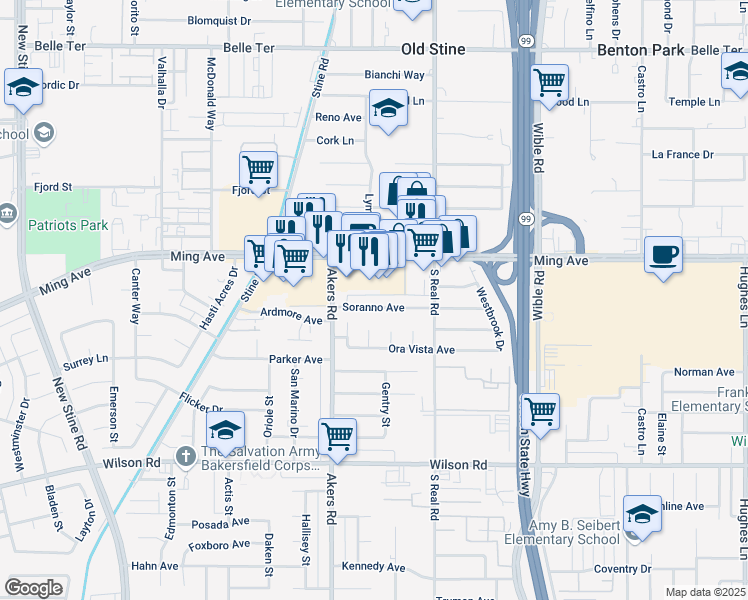 map of restaurants, bars, coffee shops, grocery stores, and more near 3809 Ming Avenue in Bakersfield