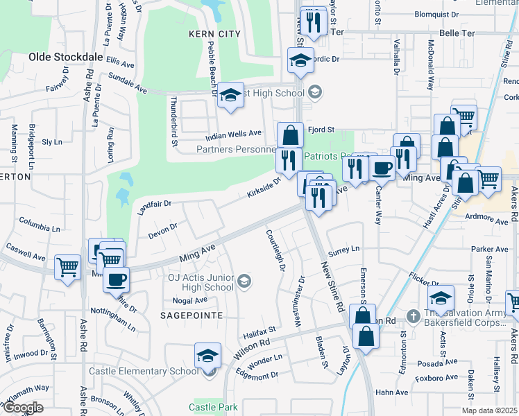 map of restaurants, bars, coffee shops, grocery stores, and more near 5700 Kirkside Drive in Bakersfield