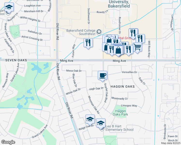 map of restaurants, bars, coffee shops, grocery stores, and more near 9600 Mesa Oak Drive in Bakersfield