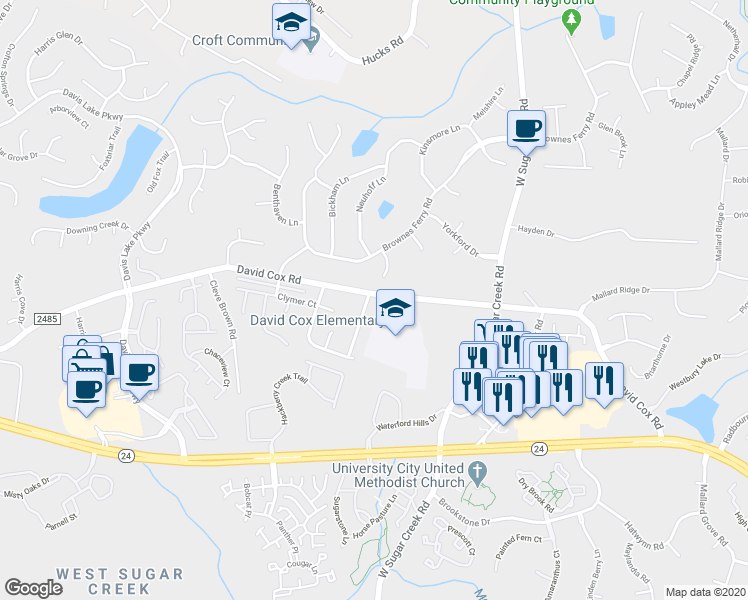 map of restaurants, bars, coffee shops, grocery stores, and more near 6603 Brenock Lane in Charlotte