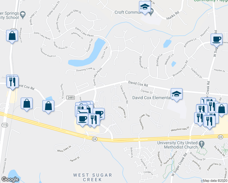 map of restaurants, bars, coffee shops, grocery stores, and more near 4715 Steepleglen Court in Charlotte