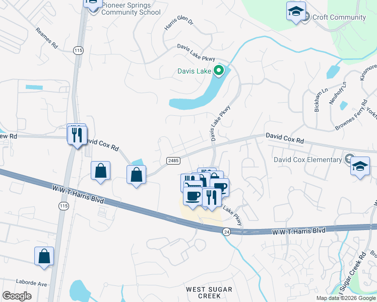 map of restaurants, bars, coffee shops, grocery stores, and more near 4924 David Cox Road in Charlotte