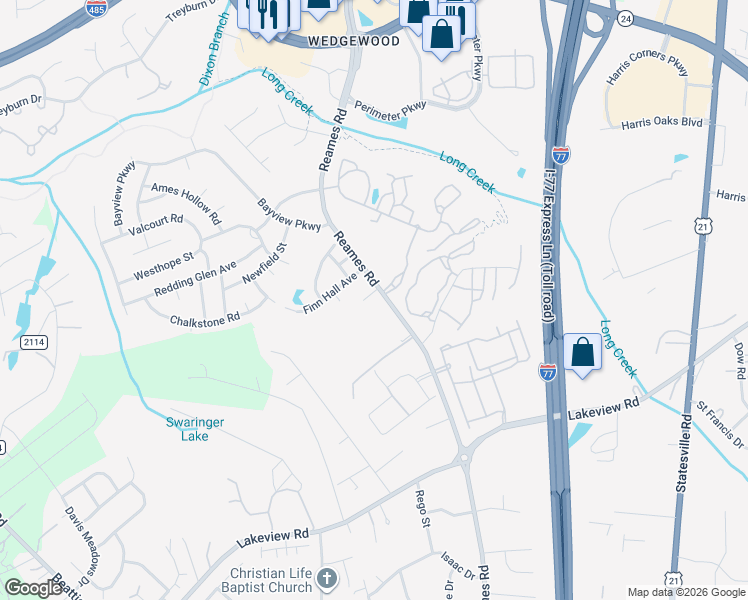 map of restaurants, bars, coffee shops, grocery stores, and more near 9009 Reames Road in Charlotte