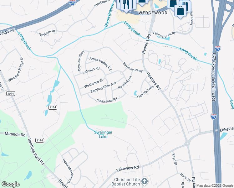 map of restaurants, bars, coffee shops, grocery stores, and more near 9014 Newfield Street in Charlotte