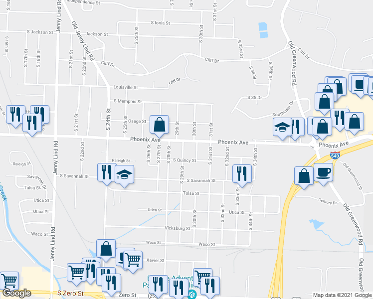 map of restaurants, bars, coffee shops, grocery stores, and more near 4701 South 29th Street in Fort Smith