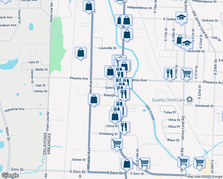 map of restaurants, bars, coffee shops, grocery stores, and more near 1117 South Quincy Street in Fort Smith