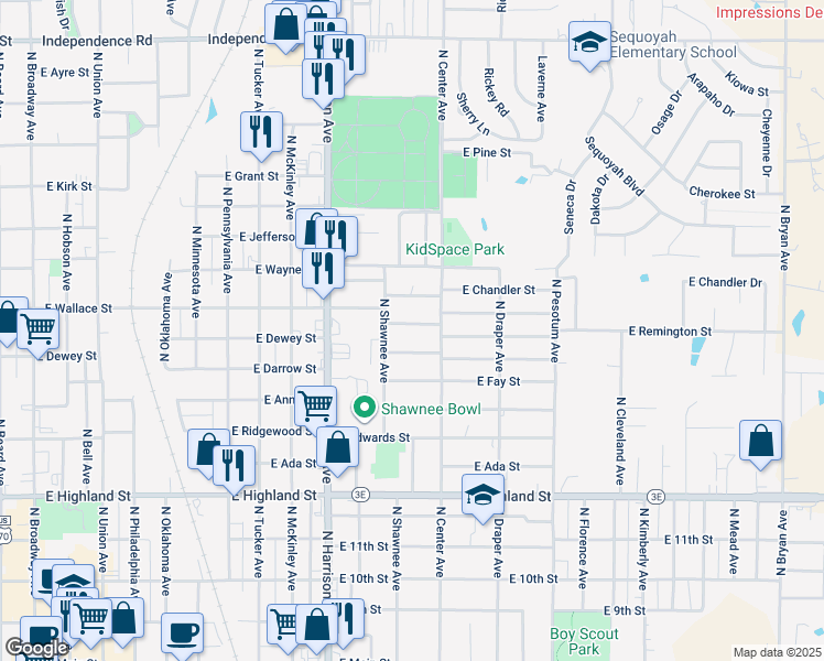 map of restaurants, bars, coffee shops, grocery stores, and more near 1114 East Parker Street in Shawnee