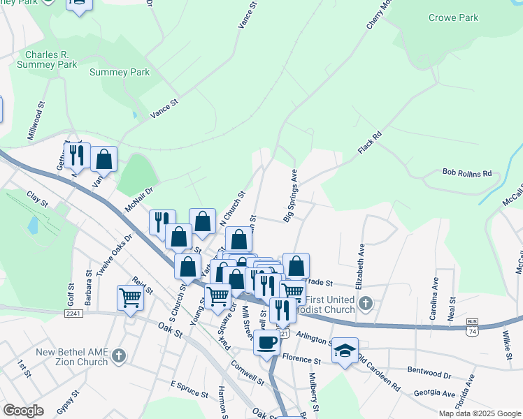 map of restaurants, bars, coffee shops, grocery stores, and more near 254 Cherry Mountain Street in Forest City