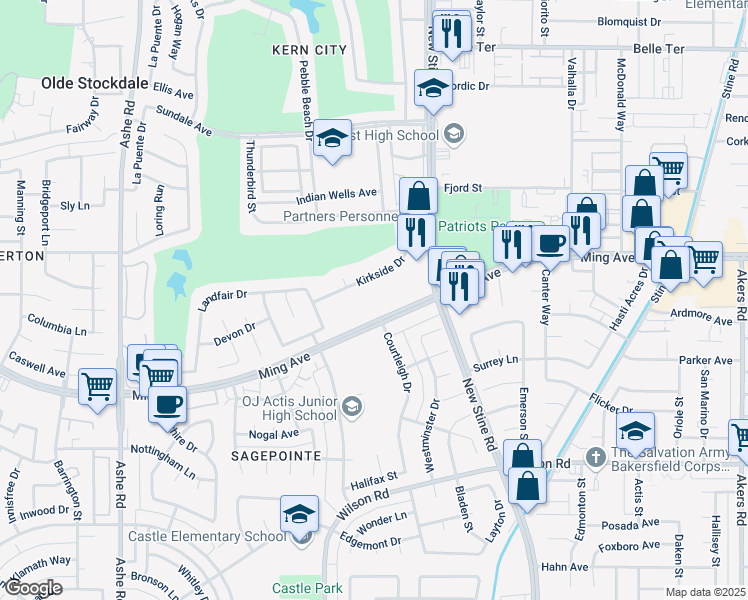 map of restaurants, bars, coffee shops, grocery stores, and more near 5500 Ming Avenue in Bakersfield