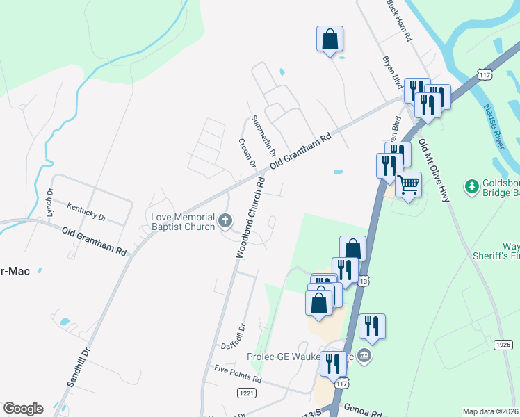 map of restaurants, bars, coffee shops, grocery stores, and more near 142 Woodland Church Road in Goldsboro
