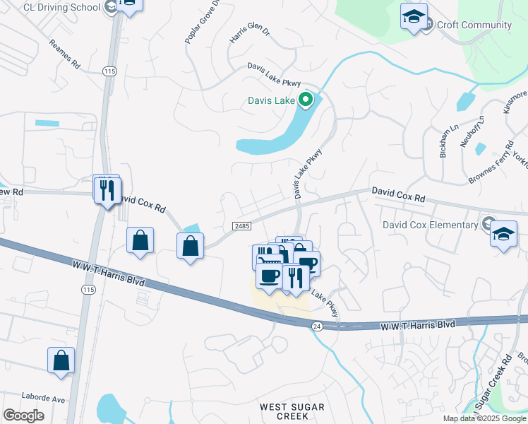 map of restaurants, bars, coffee shops, grocery stores, and more near 4924 David Cox Road in Charlotte