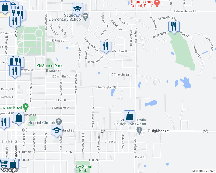 map of restaurants, bars, coffee shops, grocery stores, and more near 802 North Roosevelt Avenue in Shawnee