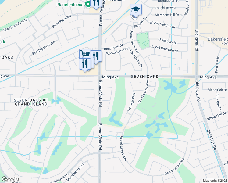 map of restaurants, bars, coffee shops, grocery stores, and more near 1806 Wedgemont Place in Bakersfield