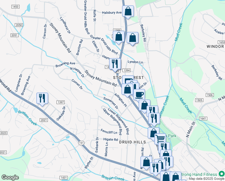map of restaurants, bars, coffee shops, grocery stores, and more near 2114 Arlington Place in Hendersonville