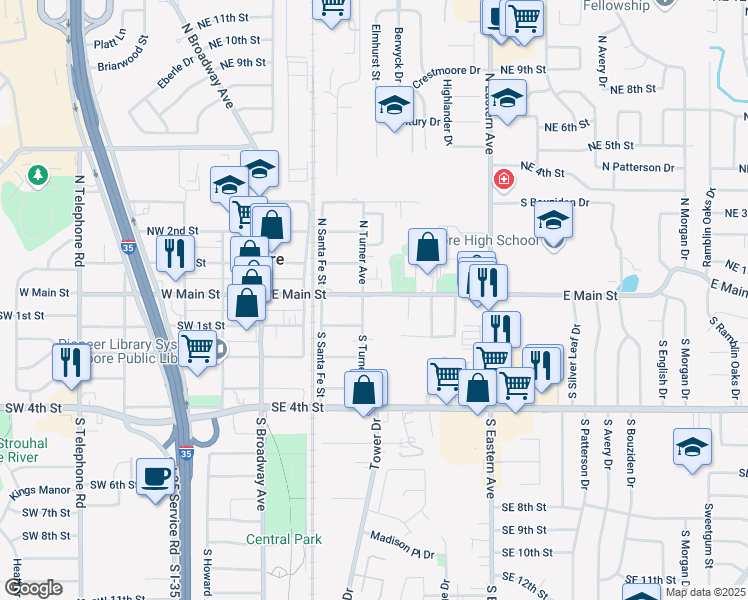 map of restaurants, bars, coffee shops, grocery stores, and more near 308 East Main Street in Moore