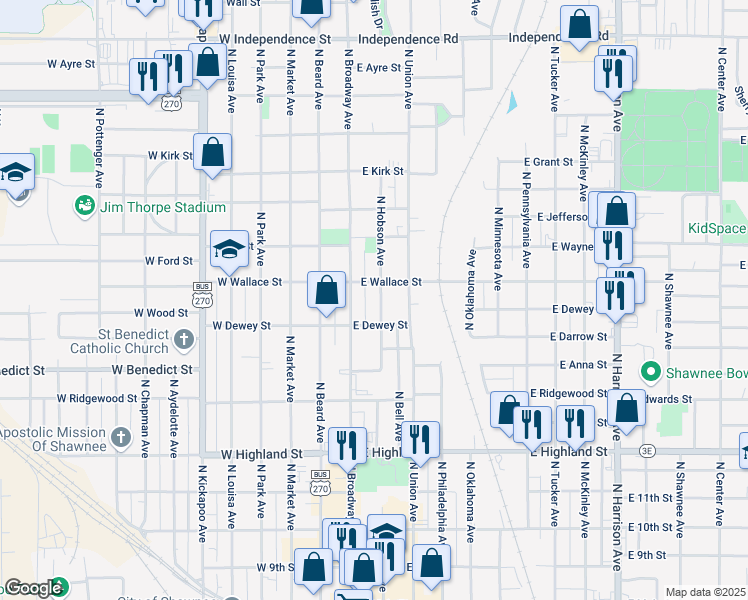 map of restaurants, bars, coffee shops, grocery stores, and more near 21 East Wallace Street in Shawnee
