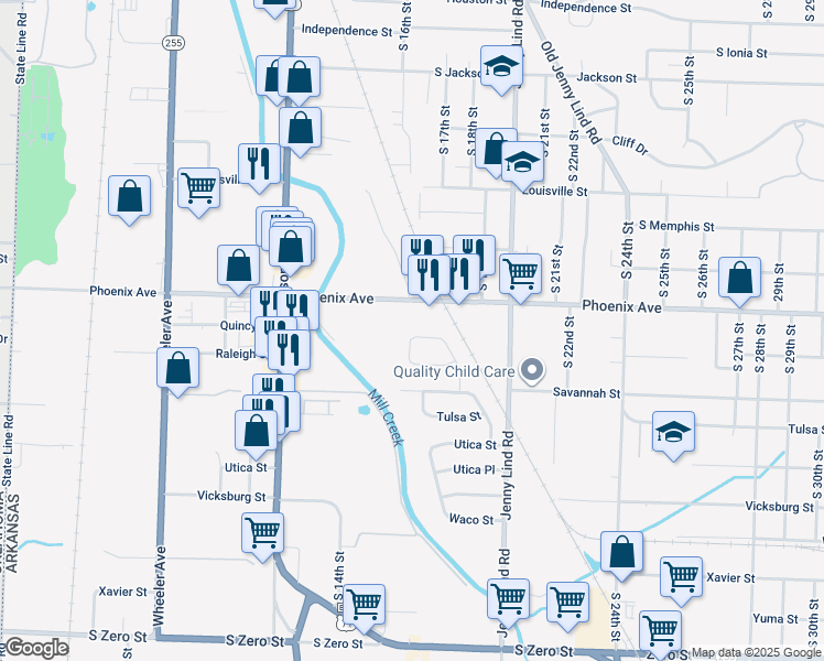 map of restaurants, bars, coffee shops, grocery stores, and more near 1603 Quincy Street in Fort Smith