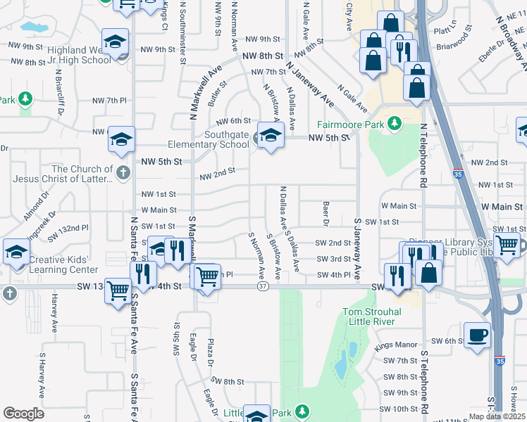 map of restaurants, bars, coffee shops, grocery stores, and more near 111 North Bristow Avenue in Moore