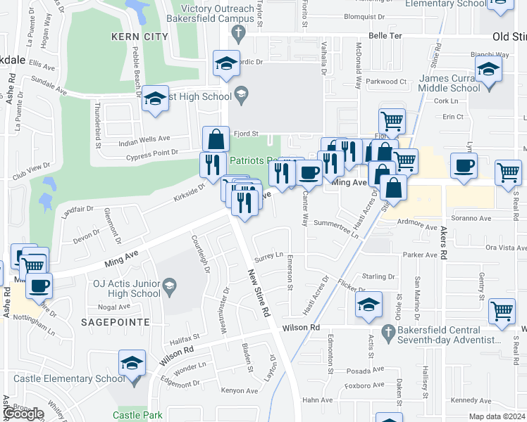 map of restaurants, bars, coffee shops, grocery stores, and more near 5051 Ming Avenue in Bakersfield