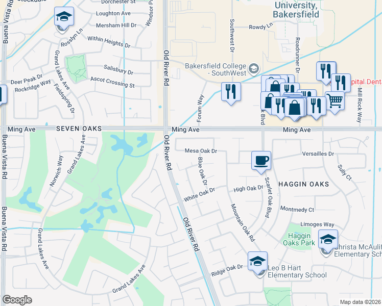 map of restaurants, bars, coffee shops, grocery stores, and more near 9808 Mesa Oak Drive in Bakersfield