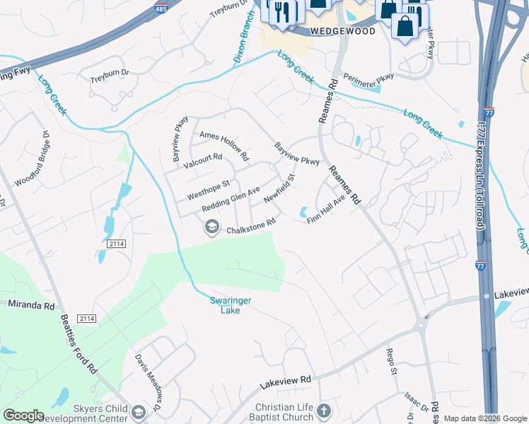 map of restaurants, bars, coffee shops, grocery stores, and more near 9014 Newfield Street in Charlotte