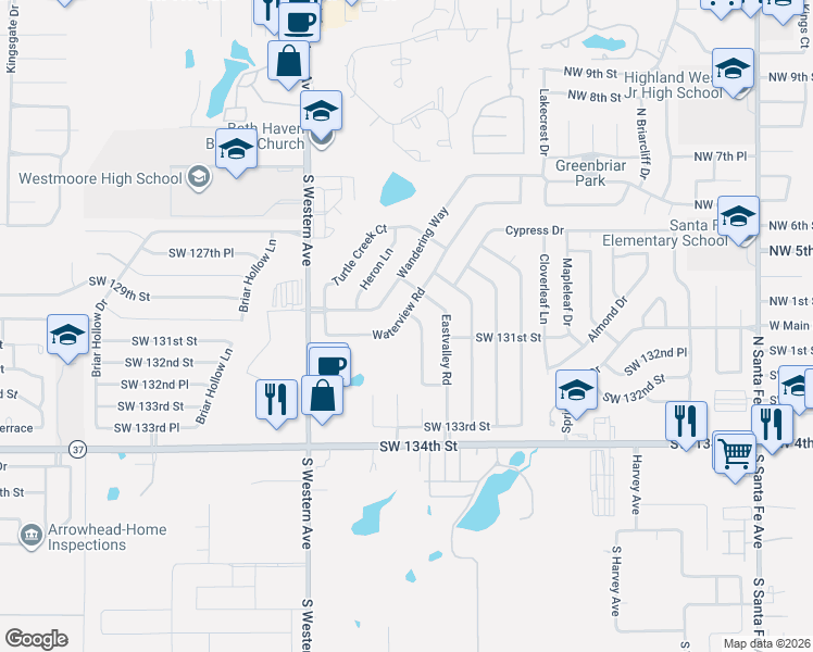 map of restaurants, bars, coffee shops, grocery stores, and more near 13104 Moccasin Lane in Oklahoma City