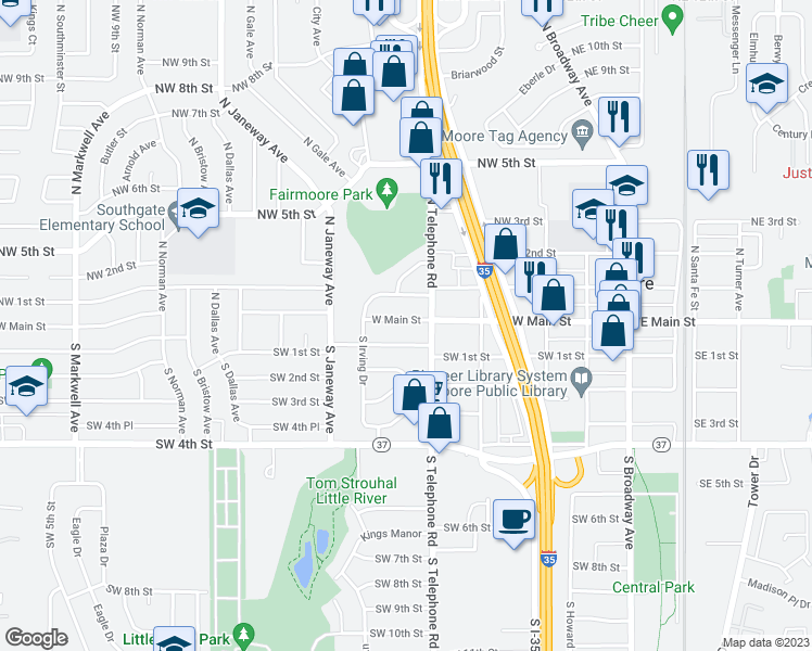 map of restaurants, bars, coffee shops, grocery stores, and more near 616 West Main Street in Moore