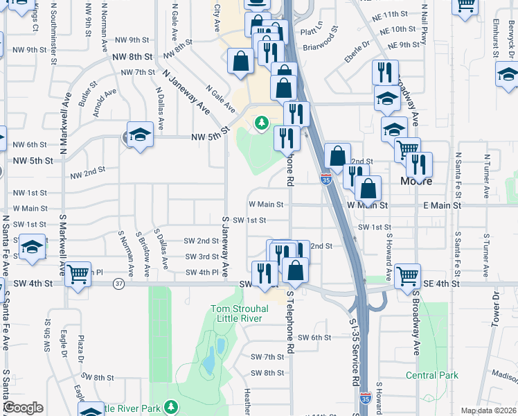map of restaurants, bars, coffee shops, grocery stores, and more near 636 West Main Street in Moore