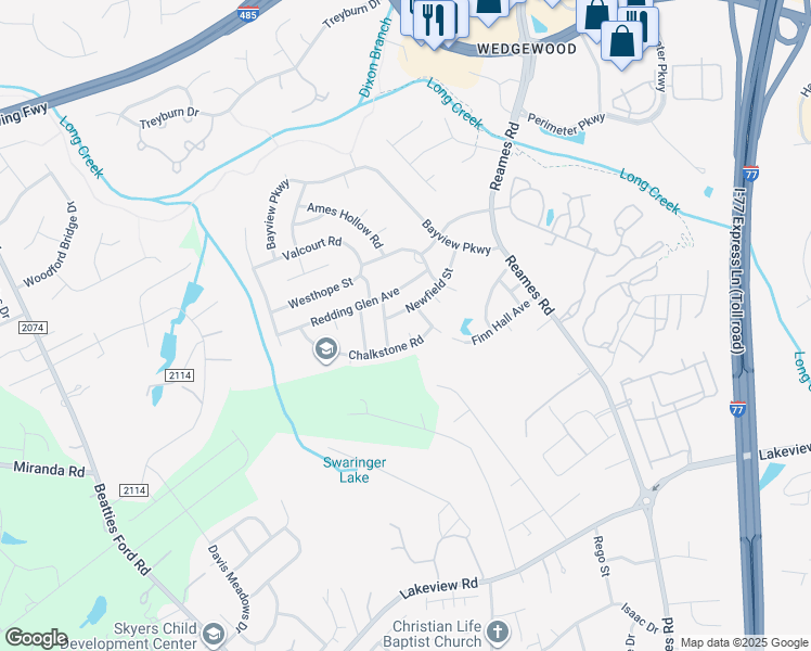 map of restaurants, bars, coffee shops, grocery stores, and more near 9014 Newfield Street in Charlotte