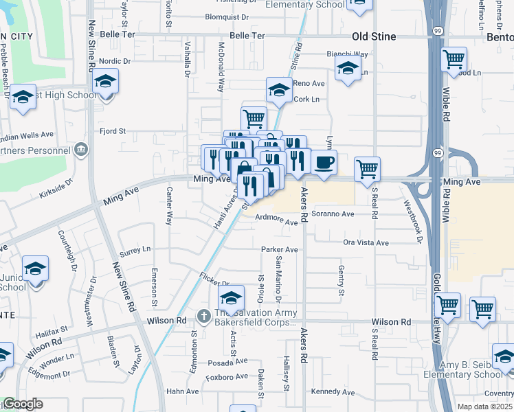 map of restaurants, bars, coffee shops, grocery stores, and more near 4137 Ming Avenue in Bakersfield