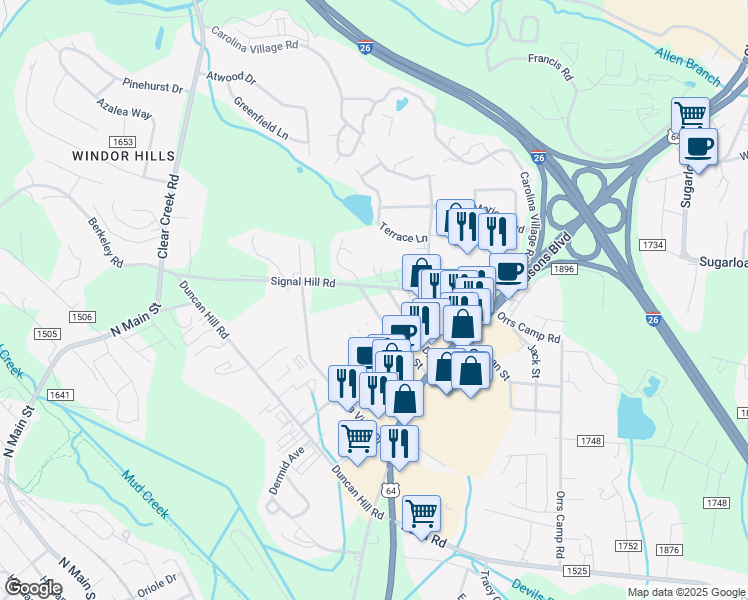 map of restaurants, bars, coffee shops, grocery stores, and more near 318 Hyder Street in Hendersonville