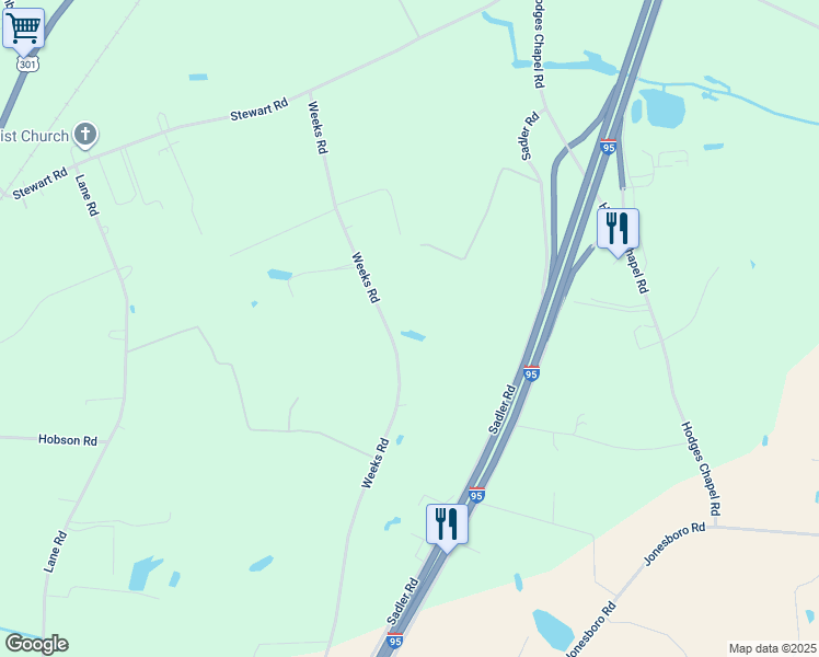 map of restaurants, bars, coffee shops, grocery stores, and more near 609 Weeks Road in Dunn