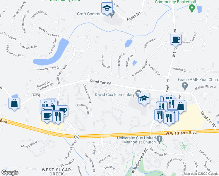 map of restaurants, bars, coffee shops, grocery stores, and more near 4338 Clymer Court in Charlotte