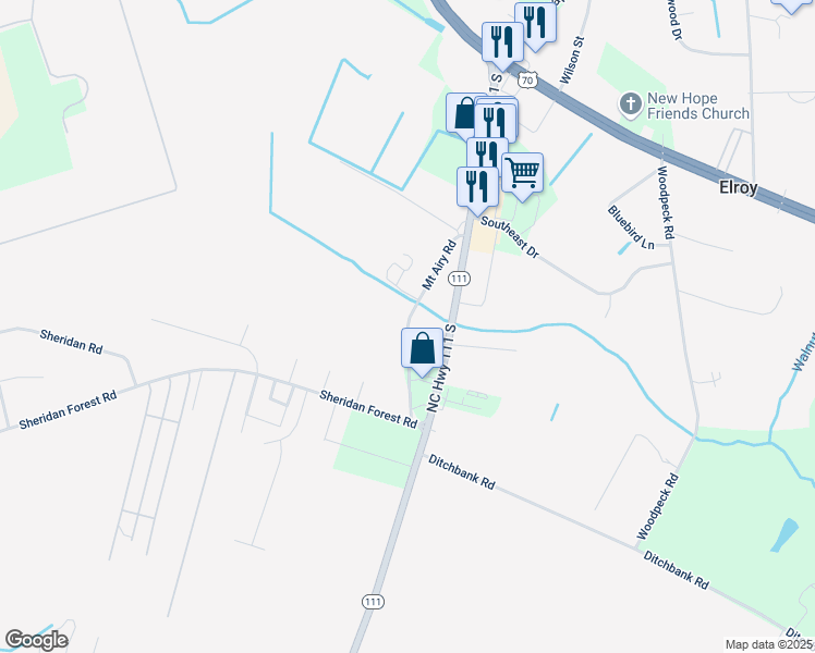 map of restaurants, bars, coffee shops, grocery stores, and more near Mount Airy Road in Goldsboro