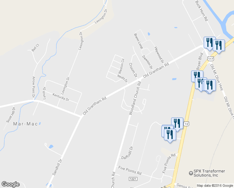 map of restaurants, bars, coffee shops, grocery stores, and more near 435 Old Grantham Road in Goldsboro
