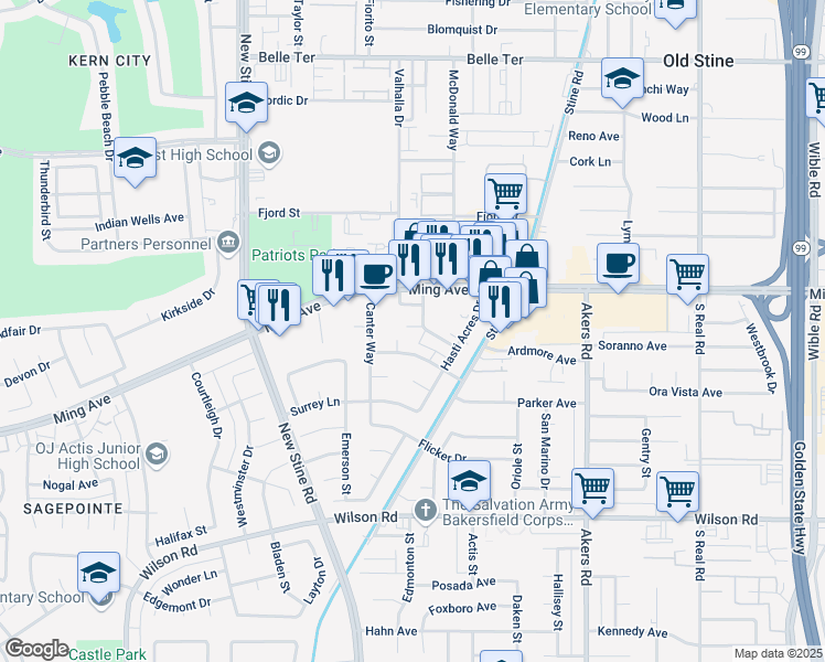 map of restaurants, bars, coffee shops, grocery stores, and more near 4949 Buckley Way in Bakersfield
