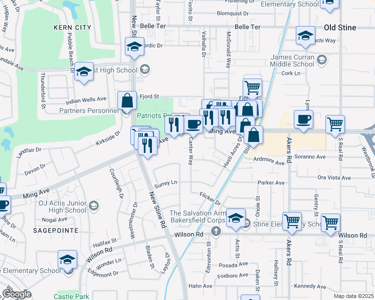 map of restaurants, bars, coffee shops, grocery stores, and more near 1817 Canter Way in Bakersfield