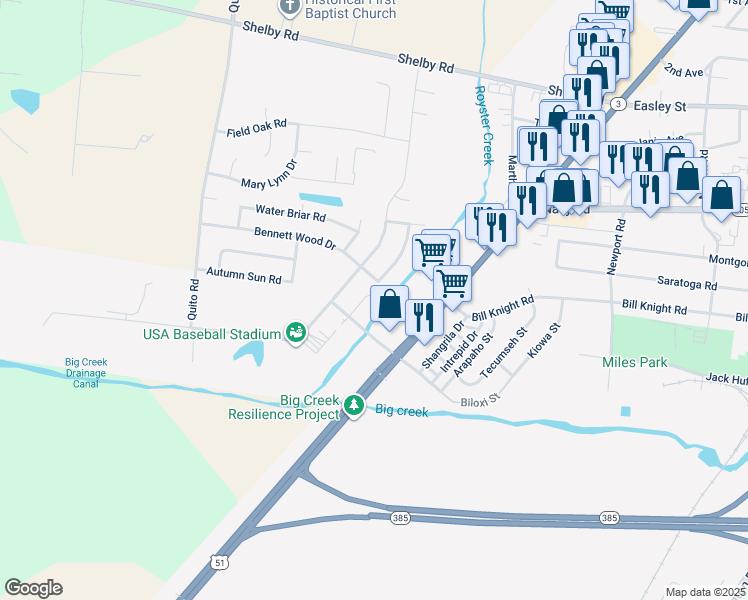 map of restaurants, bars, coffee shops, grocery stores, and more near 7786 Tumbling Creek Drive in Millington