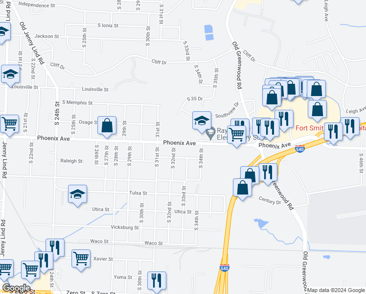 map of restaurants, bars, coffee shops, grocery stores, and more near 3210A Phoenix Avenue in Fort Smith